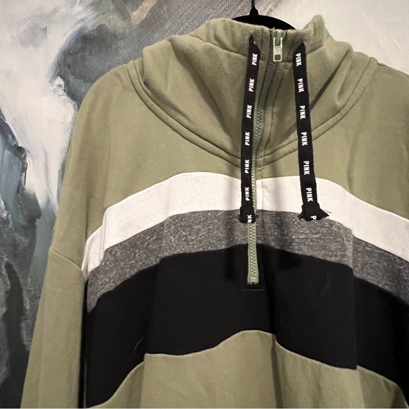 Pink Victoria Secret green long sleeve stripe detail kangaroo pocket pullover L - Picture 5 of 9